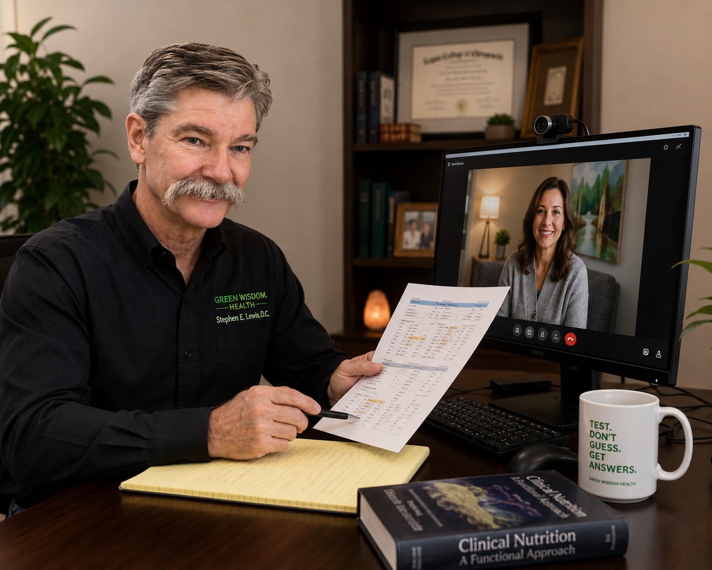 Dr. Stephen Lewis reviewing laboratory results during a Google Meet consultation