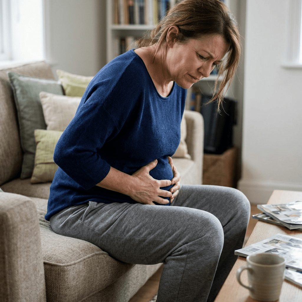 Woman sitting on sofa holding stomach with a pained expression