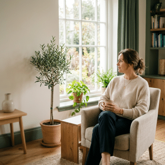 Woman sitting in an armchair holding tea beside a sunny window